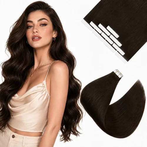 Vista 35 de Ve Sunny Extensiones de cabello humano real con cinta, cabello humano Remy, lacio, doble cara, color marrón oscuro, balayage, rubio dorado oscuro
