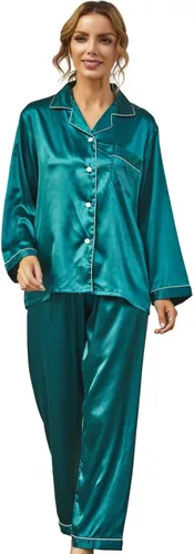 Vista 2 de Conjunto de pijama de seda para mujer, conjunto de pijama de manga larga de dos piezas, conjunto de pijama con botones, ropa de dormir