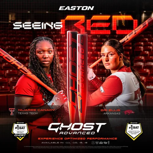 Vista 2 de Easton 2026 Bate de sóftbol Ghost Advanced Fastpitch Aprobado para todos los campos -8 / -9 / -10 / -11 Drop 2 piezas compuesto Rojo