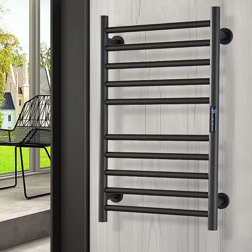 Vista 2 de Exquisitos estantes de baño, calentador de toallas con temporizador para baño, barra de toalla térmica negra mate, soporte de pared, estante