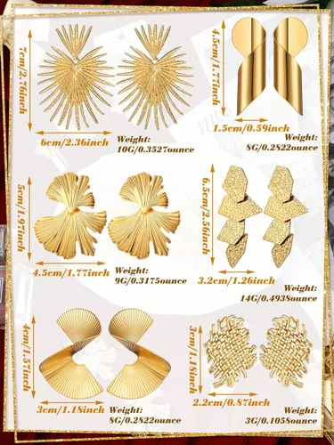 Vista 3 de 6 pares de aretes dorados para mujeres y niñas, aretes geométricos grandes dorados tejidos trenzados de hoja de ginkgo para regalos de joyería