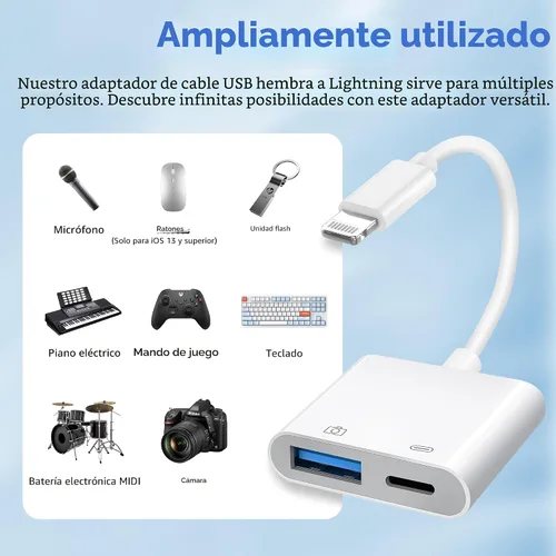 Vista 2 de [Certificado MFi de Apple] Adaptador de cámara Lightning a USB con puerto de carga, cable OTG portátil USB3.0 hembra para iPad para conectar lector