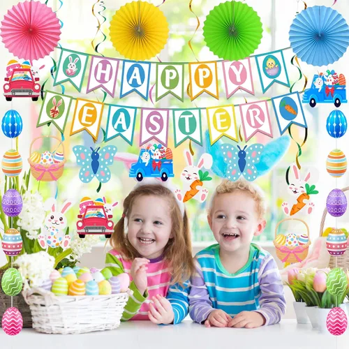 Vista 5 de 32 piezas de decoraciones de Pascua, decoración de Pascua, pancarta de Pascua feliz huevo conejo, guirnalda colgante para el hogar, oficina