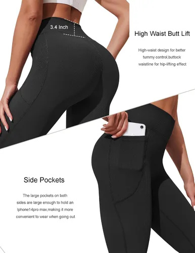 Vista 2 de PINSPARK Pantalones de yoga acampanados para mujer, leggings acanalados con corte de bota, cintura alta, pantalones de entrenamiento con bolsillos