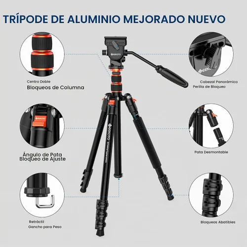 Vista 6 de GEEKOTO Trípode de video con cabezal fluido, trípode profesional para cámara réflex digital, monopie de aluminio de 77 pulgadas para videocámara