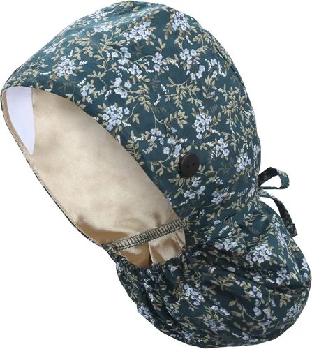 Vista 33 de QBA Gorra de trabajo ajustable con botón, gorro forrado de satén, gorro de trabajo de algodón, banda elástica para atar en la espalda, unisex