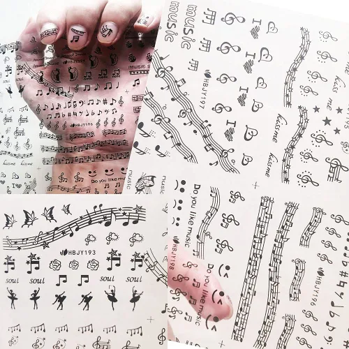 Vista 2 de Serie de instrumentos musicales, calcomanías para arte de uñas, notas musicales, calcomanías de uñas autoadhesivas 3D, guitarra, Erhu, teclas