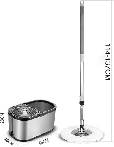 Vista 2 de Sistema de cubo de trapeador giratorio de acero inoxidable con 6 recambios de cabezal de repuesto de microfibra, trapeador de piso con 4 ruedas