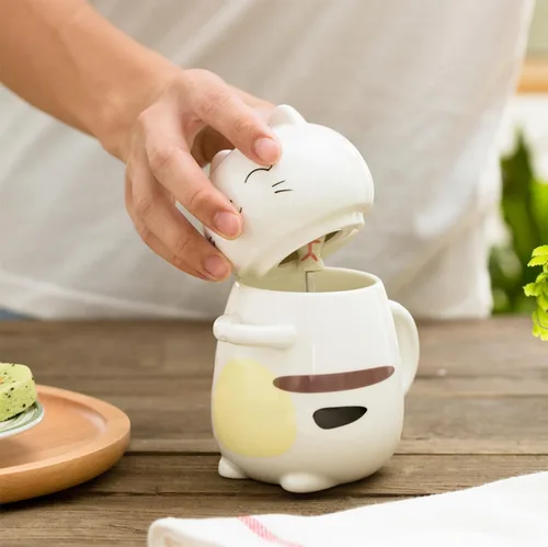 Vista 3 de Disoza Taza de Gato con Tapa Regalo de Gato Taza de Té de Cerámica con Cuchara Taza de Té de Café 400 ML Taza de Navidad Regalo de Cumpleaños