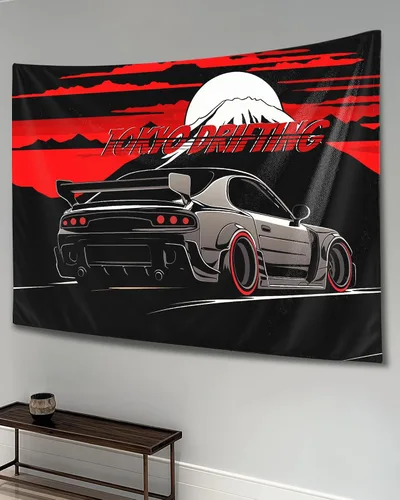 Vista 12 de QEOPGNE Tapiz de pared grande Jdm Anime Sunset Japanese Car S13, tapiz de pared para dormitorio, sala de estar, decoración estética, tapices de 30 x