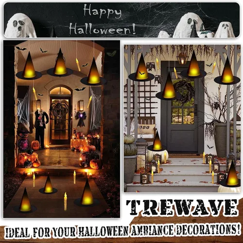 Vista 4 de Sombrero de bruja negro de Halloween con luz flotante iluminada con velas cónicas sin llama (con control remoto común) Murciélagos 3D calcomanías