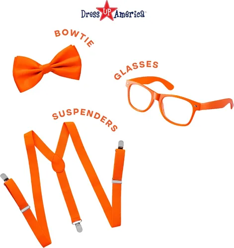 Vista 2 de Dress Up America Tirante de neón, corbatín, lentes de sol, juego de accesorios, tirantes de tamaño adulto y niño