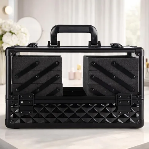 Vista 7 de Ver Beauty Estuche de tren de maquillaje de diamante negro con 6 bandejas de acordeón, organizador de cosméticos con cerradura