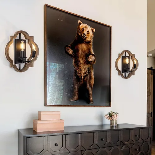 Vista 8 de VILUXY Apliques de pared de madera retro industrial, lámpara de pared geométrica de granja, lámparas de pared negras para dormitorio, pasillo