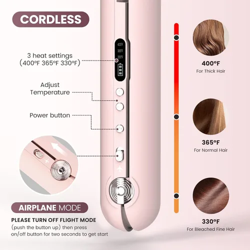 Vista 9 de Plancha sin cable, mini alisador de pelo y rizador para llevar (rosa)