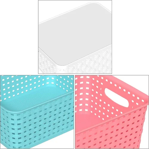 Vista 3 de Cestas de almacenamiento de plástico coloridas, cesta de tejido de plástico, 6 paquetes (rosa, azul y blanco)