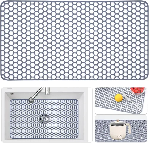 Vista 48 de Bestjing Paquete de 2 protectores de silicona para fregadero de cocina, accesorio de rejilla de cocina de 12 x 11 pulgadas, tapete antideslizante