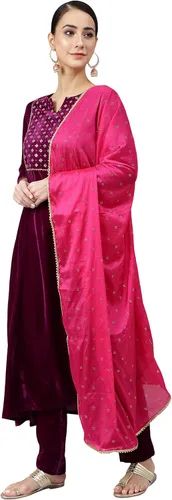 Vista 4 de Janasya Indian - Kurta de terciopelo morado con pantalón y Dupatta para mujer