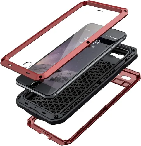 Vista 3 de Lanhiem Funda para iPhone 7 Plus/8 Plus, resistente a los golpes, [Tough Armour], funda de metal con protector de pantalla integrado, funda Rojo