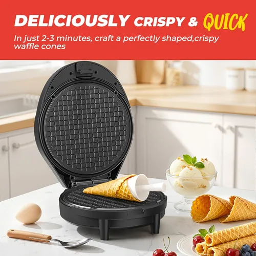 Vista 3 de Máquina para hacer gofres y hacer conos de helado con rodillo de cono, 1000 W de doble cara con calefacción uniforme para hacer gofres finos, hace