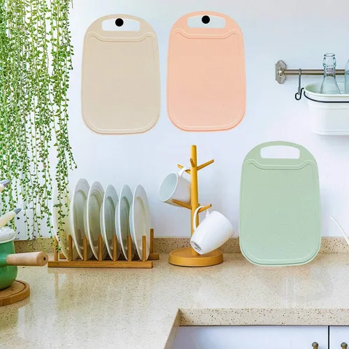 Vista 8 de Tabla de cortar para cocina, tablas de cortar de paja de trigo con ranuras para jugo