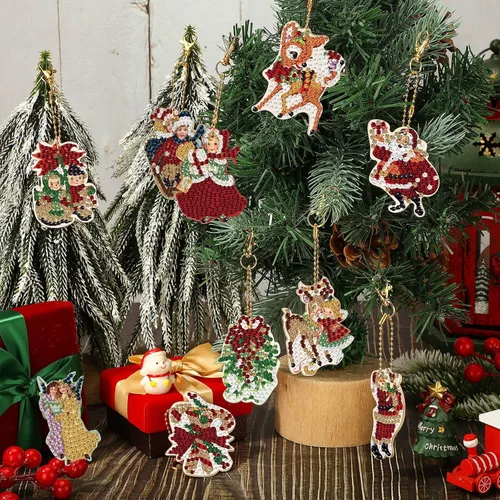 Vista 6 de Outus 24 llaveros de pintura de diamantes de Navidad vintage de doble cara para bricolaje, arte de diamantes vintage, Papá Noel, reno, muñeco