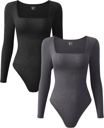 Vista 16 de OQQ Body de 2 piezas para mujer, sexy, acanalado, de una pieza, cuello cuadrado, manga larga, tops Negro Beige