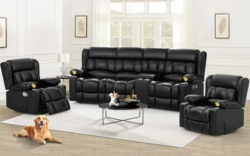Vista 17 de Dresegmt - Juego de sofá reclinable con consola, diseño de respaldo central abatible, sofá de 3 plazas y sillón reclinable individual, sofás Gris