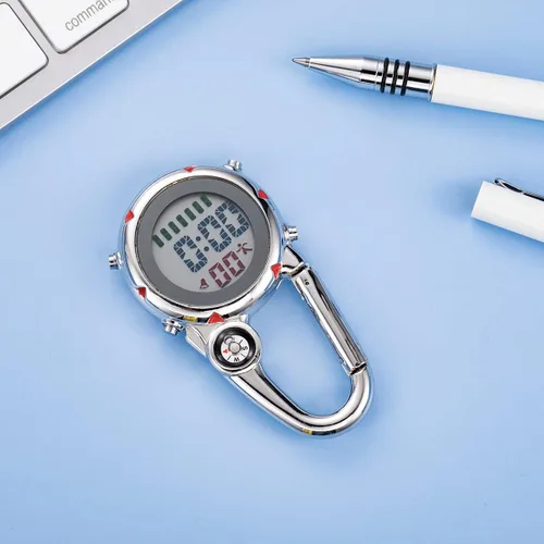 Vista 7 de Clip de brújula digital relojes de hombre blanco y negro, mosquetón impermeable con reloj despertador