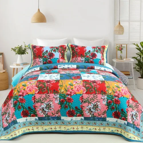 Vista 7 de EVENHUG Juego de edredón de retazos de 100% algodón, tamaño Queen, ligero, floral, juego de ropa de cama, colcha reversible con fundas de almohada