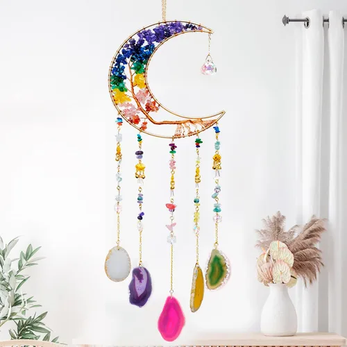 Vista 7 de Campanillas de viento de luna con árbol de cristal hecho a mano para decoración de pared del hogar, decoración de pared de dormitorio, decoración