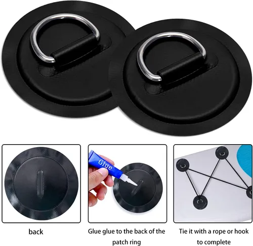Vista 4 de TOBWOLF 6 Pack Stainless Steel D-Ring Patch for Inflatable Boat Kayak Dinghy SUP, D-Ring PVC Patch Stand-Up Paddleboard Canoe Rafting Accessories