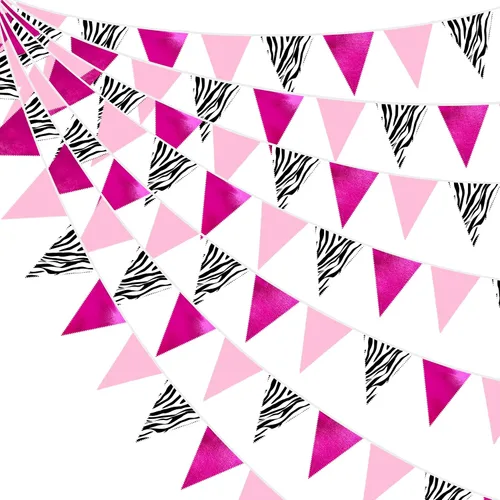 Vista 15 de Decoraciones de fiesta de vaquera de 32 pies con estampado de vaca rosa intenso, bandera triangular, banderines de tela, banderines para vaqueras