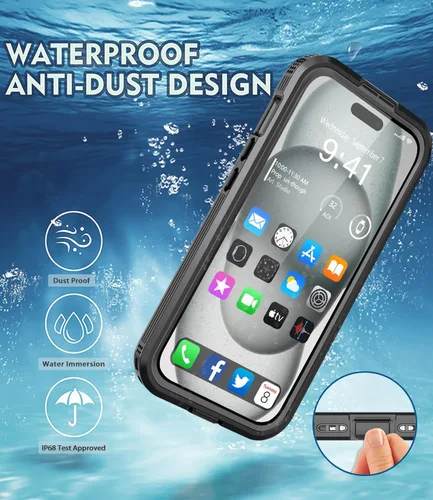 Vista 5 de Diseño para iPhone 15 Plus Funda impermeable de 6.7 pulgadas, cuerpo completo protector a prueba de golpes a prueba de polvo para iPhone 15 Plus
