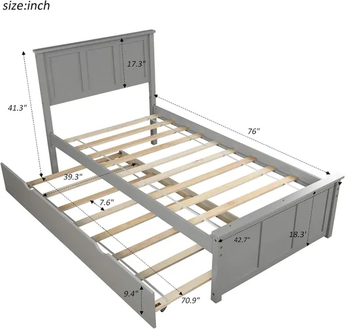 Vista 2 de Cama de plataforma individual con nido, marco de cama de madera con cabecero, no necesita somier, fácil montaje, gris