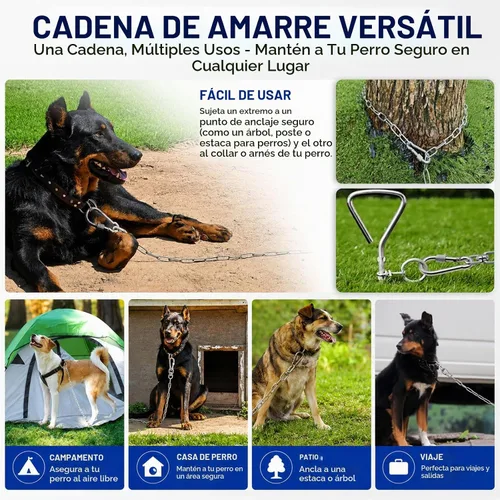 Vista 7 de Cadena de amarre para perro de 15 pies para exterior, correa de cadena de acero inoxidable resistente con resorte que absorbe los golpes para perros