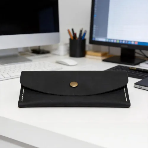 Vista 4 de Cartera de cuero genuino Crazy Horse, cartera delgada hecha a mano para hombres y mujeres (negro)