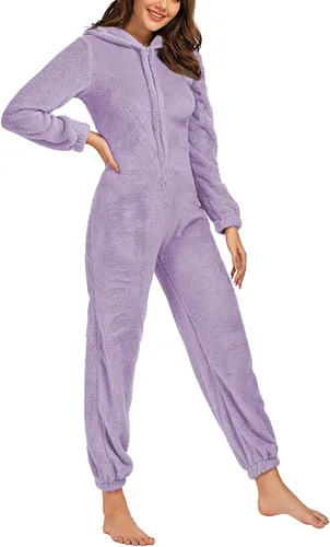 Vista 7 de chouyatou Pijama de Romper de Sherpa de Felpa Ultra Cómodo para Mujer con Capucha Linda de Orejas de Felpa Negro