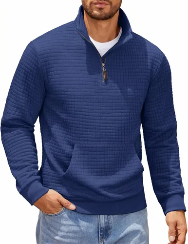 Vista 11 de COOFANDY - Sudadera con capucha para hombre, manga larga, con cremallera de un cuarto, estilo sarga casual, con bolsillo Verde militar