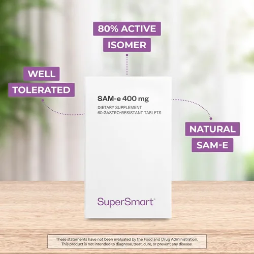 Vista 2 de Supersmart - SAM-e 400mg (80% Active Isomer S,S) - Advanced S-Adenosyl Methionine SAM-e Supplement Non-GMO & Gluten Free - 60 Enteric Coated