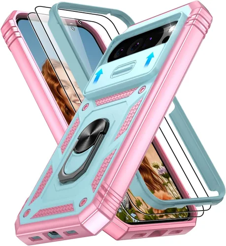 Vista 290 de Gritup Funda para Google Pixel 6 con cubierta deslizante para cámara y protector de pantalla (2 unidades), soporte de anillo giratorio 360°, funda