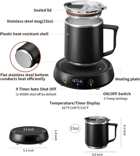 Vista 8 de Juego de calentador de tazas y tazas de café, calentador eléctrico de tazas para escritorio, placa calentadora de velas con temporizador de inicio