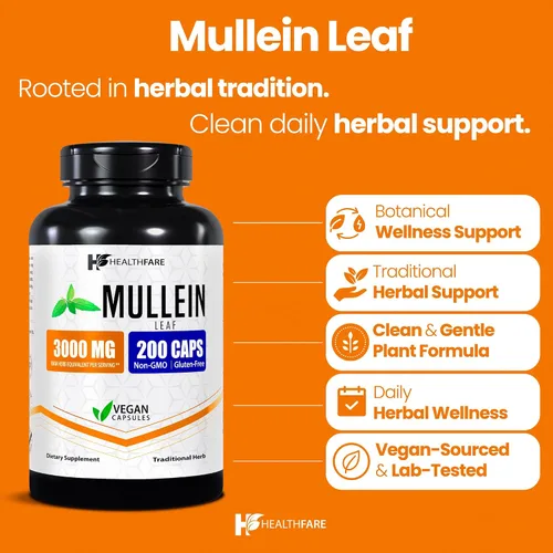 Vista 2 de Healthfare Extracto de hoja de gordolobo de 3000 mg 200 cápsulas veganas Fórmula tradicional a base de hierbas Sin OMG y sin gluten