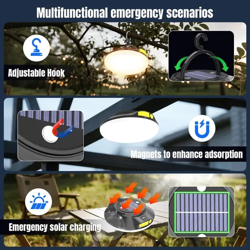 Vista 5 de Linterna LED solar portátil de 16000 mAh, 26000 lm, luz recargable de 150 W con imán, linterna, luces impermeables IPX66 para tienda de campaña