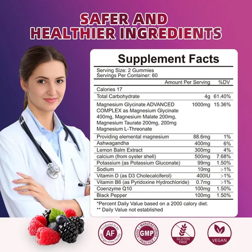 Vista 7 de 120 unidades de gomitas de glicinato de magnesio de 1000 mg para mujeres y hombres, suplementos de malato de magnesio y taurato para dormir, apoyo