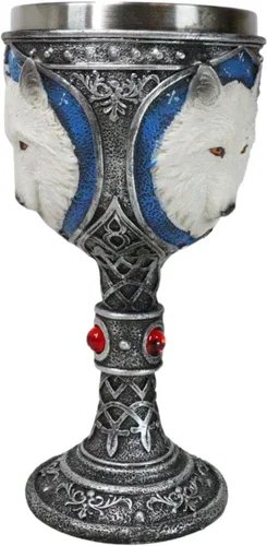 Vista 5 de Ebros Gift Gran celta mágica Knotwork Alpha Direwolf White Snow Wolf 8oz cáliz de copa de vino con forro de acero inoxidable Figura de taza