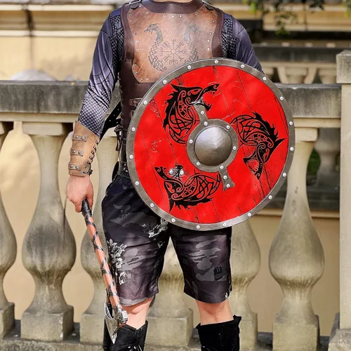 Vista 8 de LOOYAR Escudo de tótem de lobo de la era vikinga de los vikingos y decoraciones de hacha para disfraz de Halloween de caballero berserker vikingo