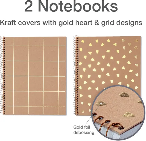 Vista 2 de Oxford Cuadernos en espiral, paquete de 2, 100% reciclados, cuadernos de papel kraft, dorados, con rayas universitarias, 80 hojas/160 páginas