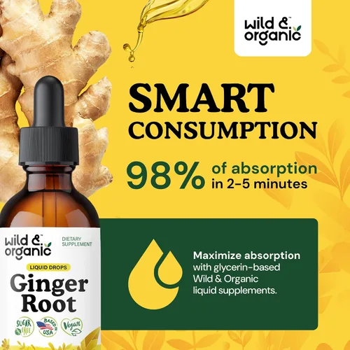 Vista 4 de Wild & Organic Gotas líquidas de extracto de jengibre, apoyo inmunológico y digestivo, suplemento líquido de raíz de jengibre, tintura vegana, sin
