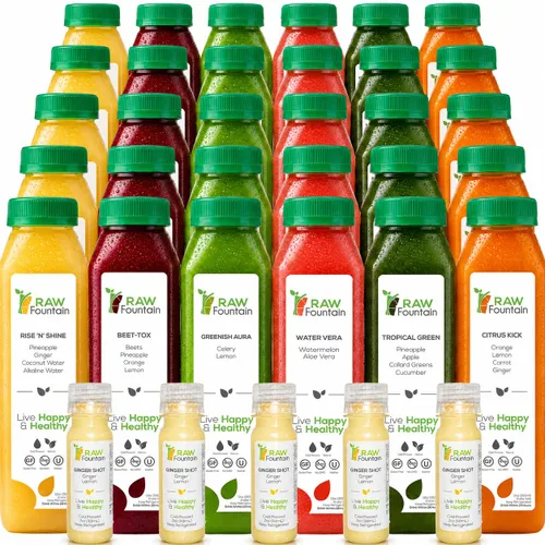 Vista 8 de Limpieza de Jugos de 1 Día por Raw Fountain, Sabores Tropicales, Totalmente Natural Crudo, Jugos de Frutas y Verduras Prensados en Frío, Limpieza